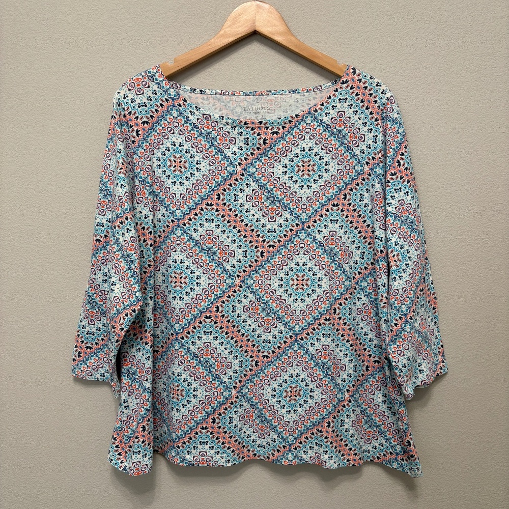 Talbots Woman Medallion Print Stretch Top 2X Multicolor 3/4 Sleeve EUC